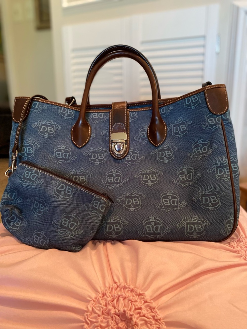Dooney & Bourke Navy DB Monogram Tote with Brown Leather Trim with coin bag